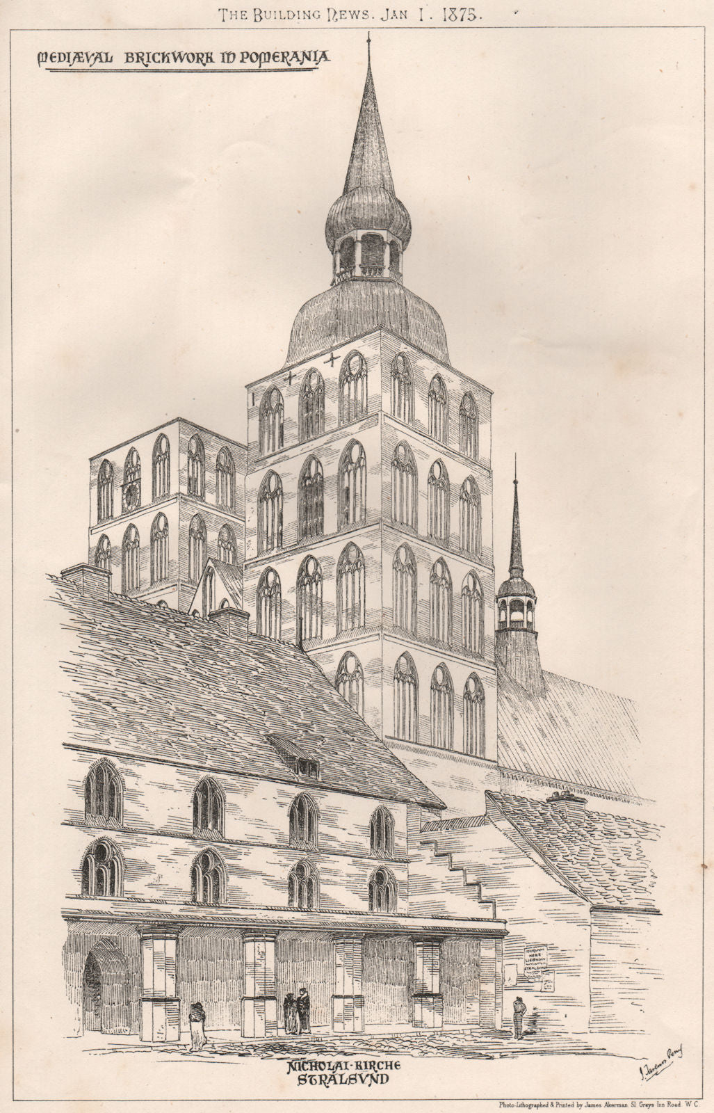 Mediaeval brickwork in Pomerania; Nicholai-Rirche Stralsund 1875 old print